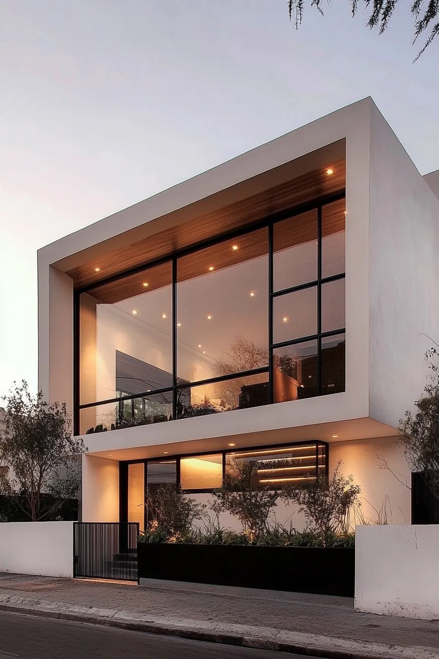 striking modern house exterior blending white stucco glass metal and wood with clean lines and contrasting textures